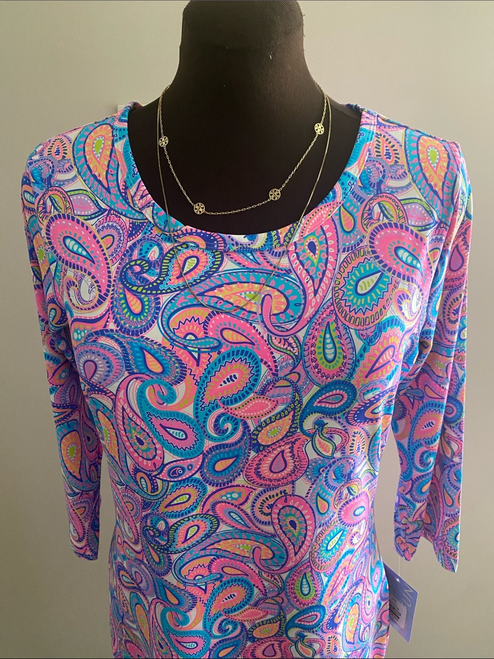 Lulu B stretch dress rounded collar vibrant paisley resort wrinkle free SPF - Picture 9 of 17